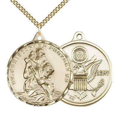 Large St. Christopher | Army 14kt Gold-filled Round Pendant Necklace with Gold-filled Chain, Measures 1 3/8-inch tall by 1 1/8-inch wide.