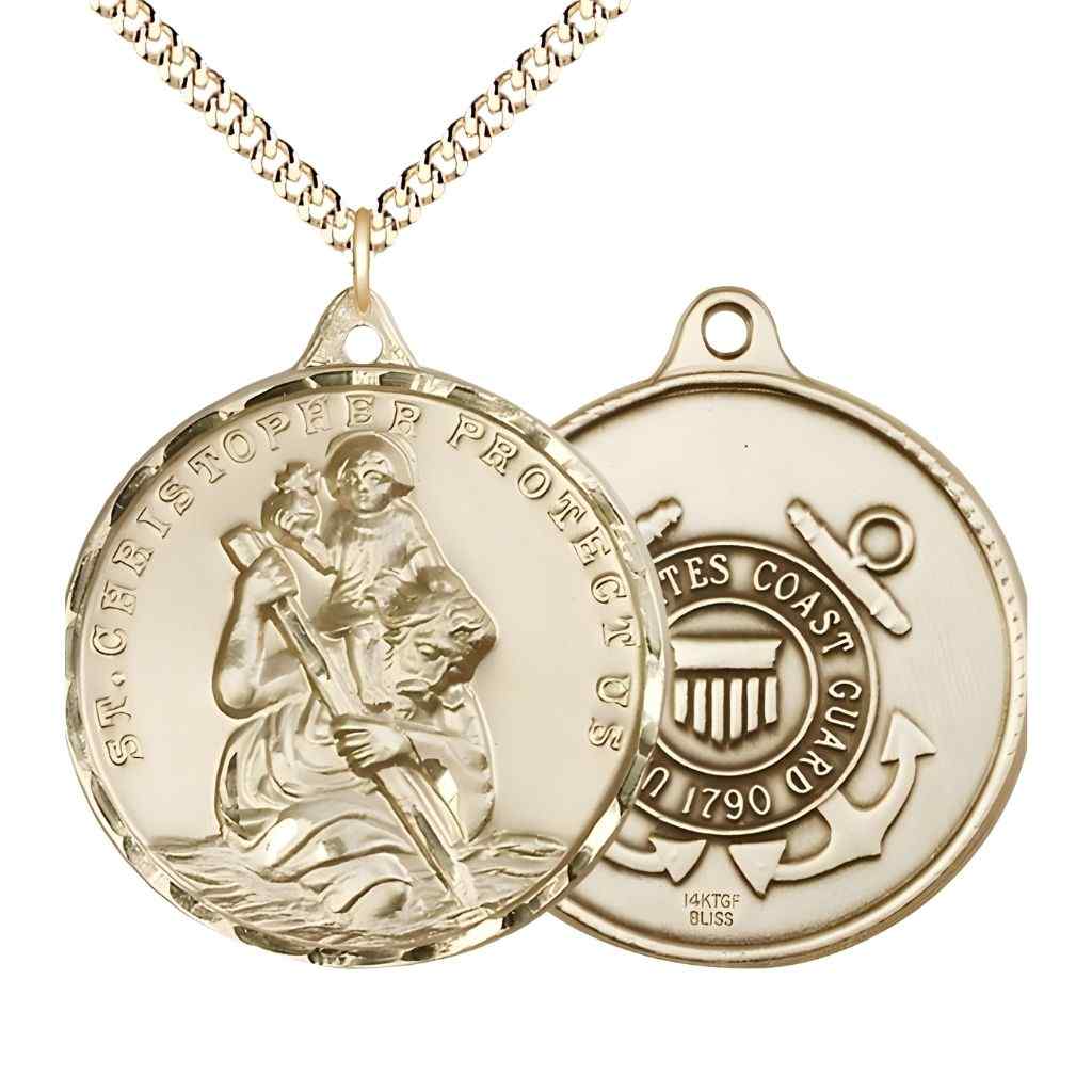 Large St. Christopher | Coast Guard 14kt Gold-filled Round Pendant Necklace with Gold-plated Chain, Measures 1 3/8-inch tall by 1 1/8-inch wide.
