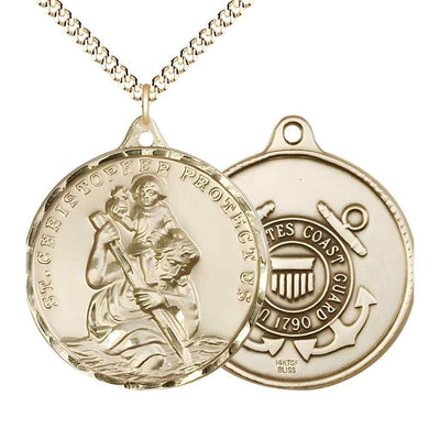 Large St. Christopher | Coast Guard 14kt Gold-filled Round Pendant Necklace with Gold-plated Chain, Measures 1 3/8-inch tall by 1 1/8-inch wide.