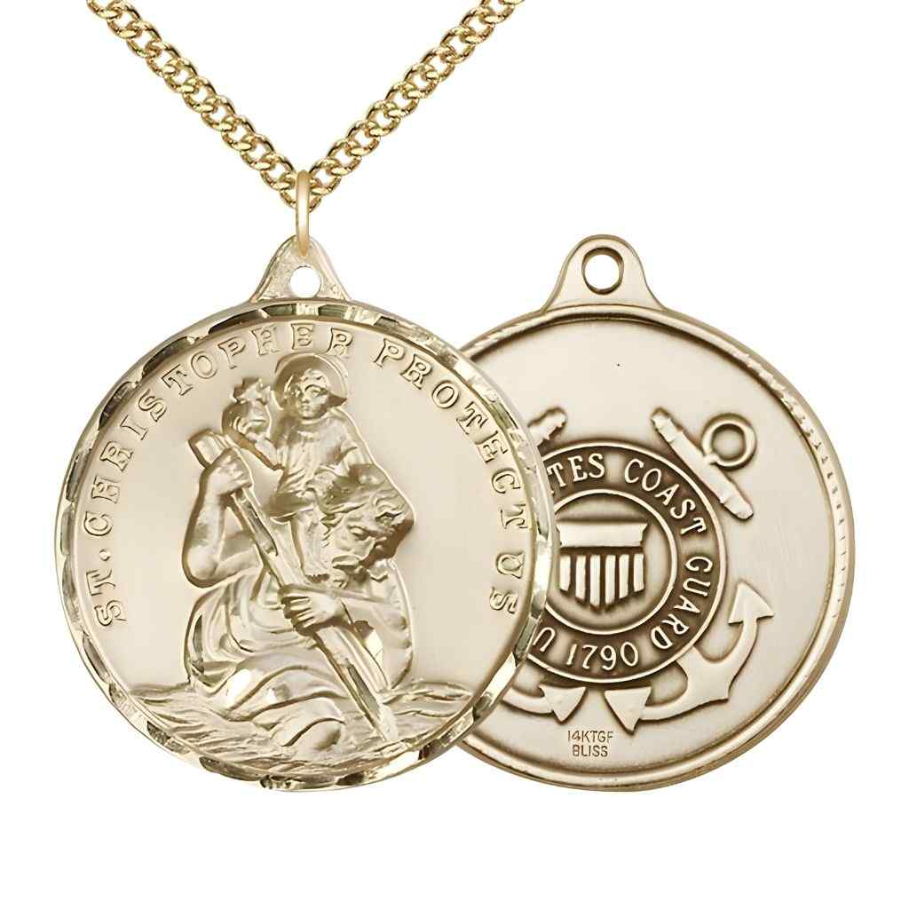 Large St. Christopher | Coast Guard 14kt Gold-filled Round Pendant Necklace with Gold-filled Chain, Measures 1 3/8-inch tall by 1 1/8-inch wide.