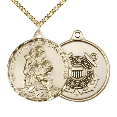 Large St. Christopher | Coast Guard 14kt Gold-filled Round Pendant Necklace with Gold-filled Chain, Measures 1 3/8-inch tall by 1 1/8-inch wide.