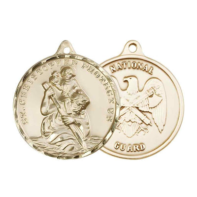 Large St. Christopher | National Guard 14kt Gold-filled Round Pendant and Measures 1 3/8-inch tall by 1 1/8-inch wide.