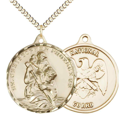 Large St. Christopher | National Guard 14kt Gold-filled Round Pendant Necklace with Gold-plated Chain, Measures 1 3/8-inch tall by 1 1/8-inch wide.