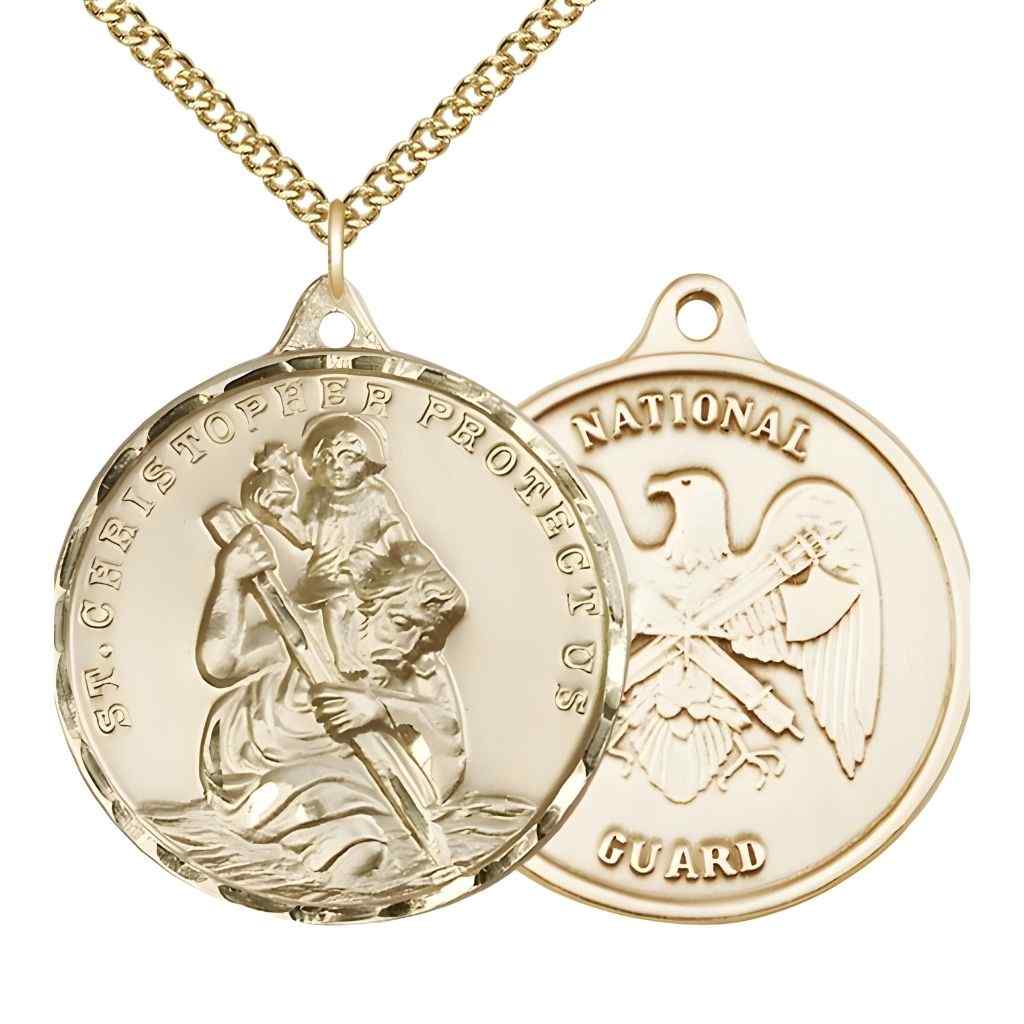 Large St. Christopher | National Guard 14kt Gold-filled Round Pendant Necklace with Gold-filled Chain, Measures 1 3/8-inch tall by 1 1/8-inch wide.