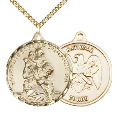 Large St. Christopher | National Guard 14kt Gold-filled Round Pendant Necklace with Gold-filled Chain, Measures 1 3/8-inch tall by 1 1/8-inch wide.
