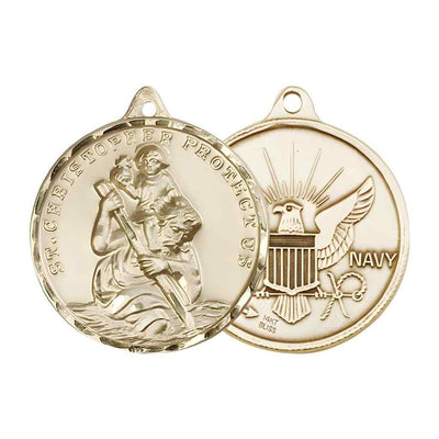 Large St. Christopher | Navy 14kt Gold-filled Round Pendant and Measures 1 3/8-inch tall by 1 1/8-inch wide.