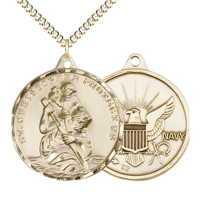 Large St. Christopher | Navy 14kt Gold-filled Round Pendant Necklace with Gold-plated Chain, Measures 1 3/8-inch tall by 1 1/8-inch wide.
