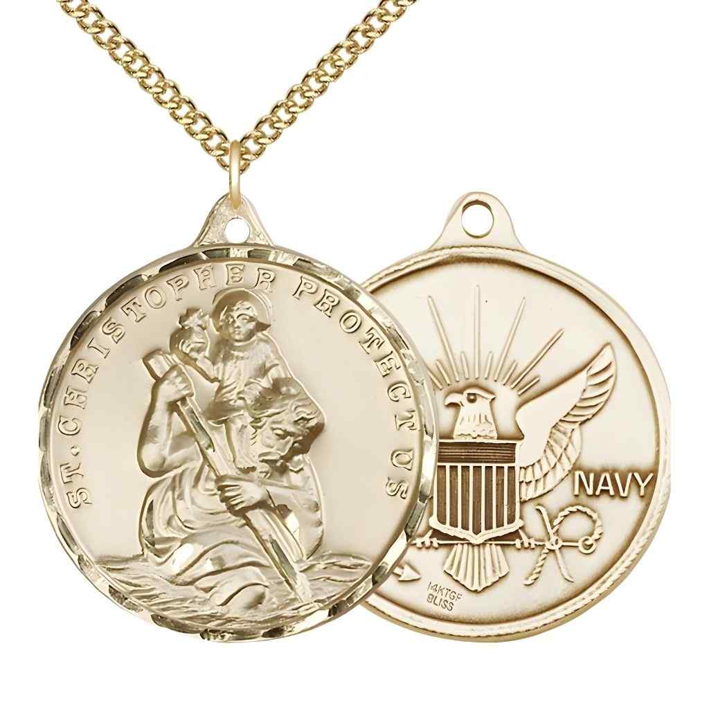 Large St. Christopher | Navy 14kt Gold-filled Round Pendant Necklace with Gold-filled Chain, Measures 1 3/8-inch tall by 1 1/8-inch wide.