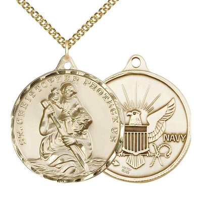 Large St. Christopher | Navy 14kt Gold-filled Round Pendant Necklace with Gold-filled Chain, Measures 1 3/8-inch tall by 1 1/8-inch wide.
