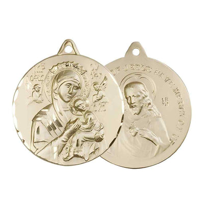 Large Our Lady of Perpetual Help 14kt Gold-filled Round Pendant and Measures 1 3/8-inch tall by 1 1/8-inch wide.