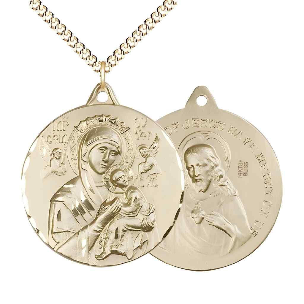 Large Our Lady of Perpetual Help 14kt Gold-filled Round Pendant Necklace with Gold-plated Chain, Measures 1 3/8-inch tall by 1 1/8-inch wide.