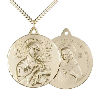 Large Our Lady of Perpetual Help 14kt Gold-filled Round Pendant Necklace with Gold-plated Chain, Measures 1 3/8-inch tall by 1 1/8-inch wide.