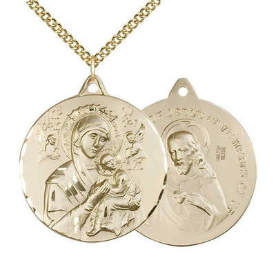 Large Our Lady of Perpetual Help 14kt Gold-filled Round Pendant Necklace with Gold-filled Chain, Measures 1 3/8-inch tall by 1 1/8-inch wide.