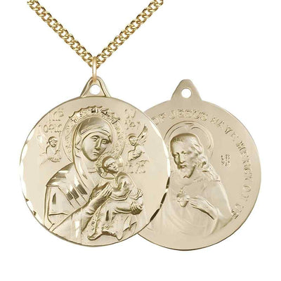 Large Our Lady of Perpetual Help 14kt Gold Round Pendant Necklace with 14kt Gold Chain, Measures 1 3/8-inch tall by 1 1/8-inch wide.