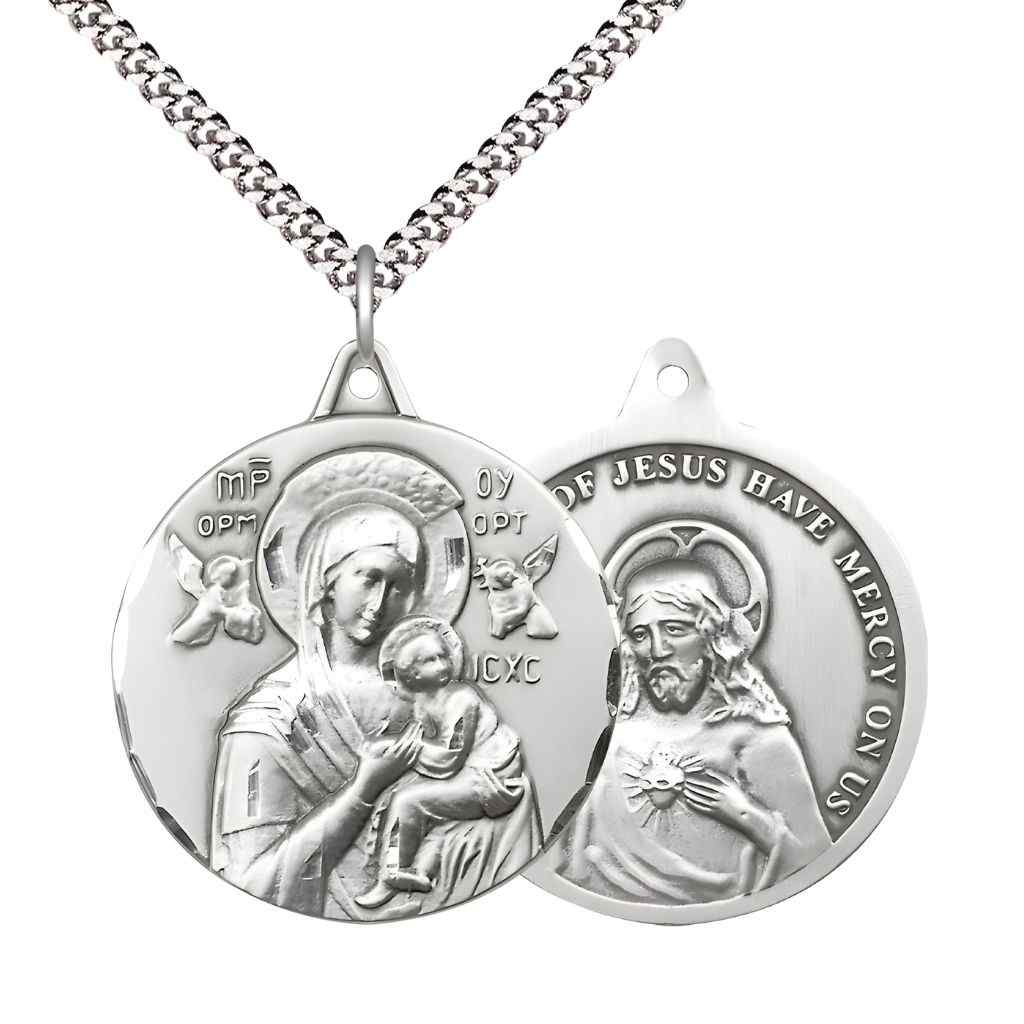 Large Our Lady of Perpetual Help Sterling Silver Round Pendant Necklace with Rhodium-plated Chain, Measures 1 3/8-inch tall by 1 1/8-inch wide.