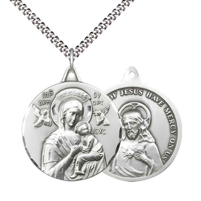 Large Our Lady of Perpetual Help Sterling Silver Round Pendant Necklace with Rhodium-plated Chain, Measures 1 3/8-inch tall by 1 1/8-inch wide.