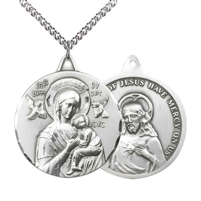 Large Our Lady of Perpetual Help Sterling Silver Round Pendant Necklace with sterling Silver Chain, Measures 1 3/8-inch tall by 1 1/8-inch wide.