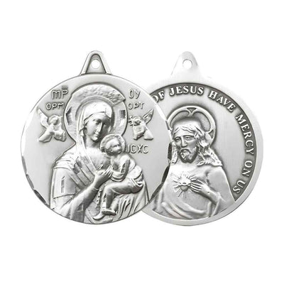Large Our Lady of Perpetual Help Sterling Silver Round Pendant and Measures 1 3/8-inch tall by 1 1/8-inch wide.