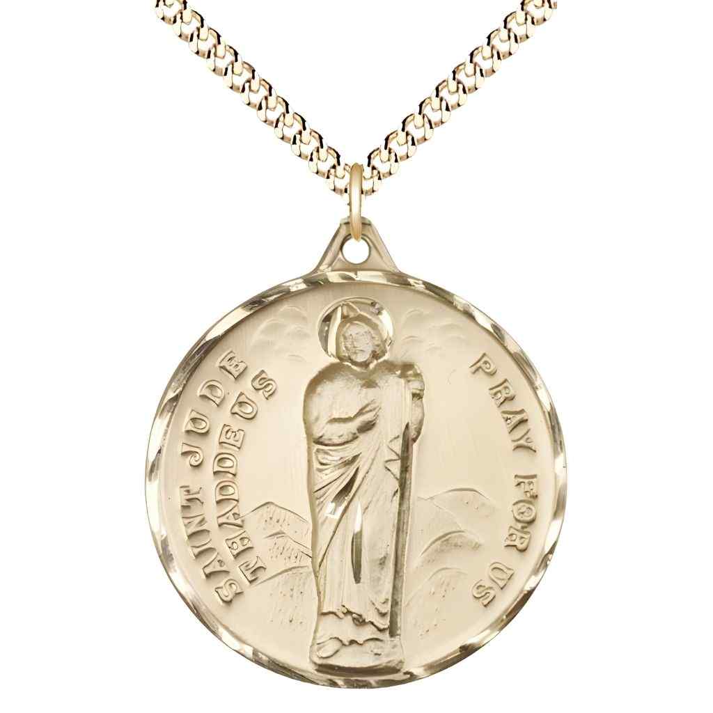 Large St. Jude Thaddeus 14kt Gold-filled Pendant Necklace with Gold-plated Chain, Measures 1 3/8-inch tall by 1 1/8-inch wide.