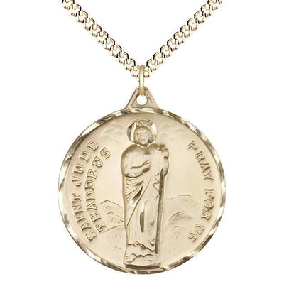 Large St. Jude Thaddeus 14kt Gold-filled Pendant Necklace with Gold-plated Chain, Measures 1 3/8-inch tall by 1 1/8-inch wide.