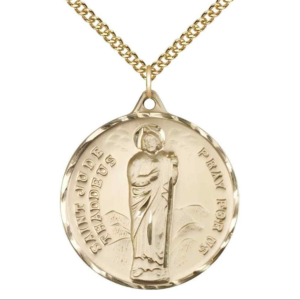 Large St. Jude Thaddeus 14kt Gold-filled Pendant Necklace with Gold-filled Chain, Measures 1 3/8-inch tall by 1 1/8-inch wide.