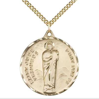 Large St. Jude Thaddeus 14kt Gold-filled Pendant Necklace with Gold-filled Chain, Measures 1 3/8-inch tall by 1 1/8-inch wide.