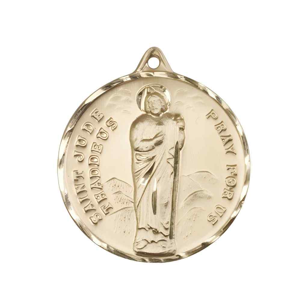 Large St. Jude Thaddeus 14kt Gold Pendant Measures 1 3/8-inch tall by 1 1/8-inch wide.