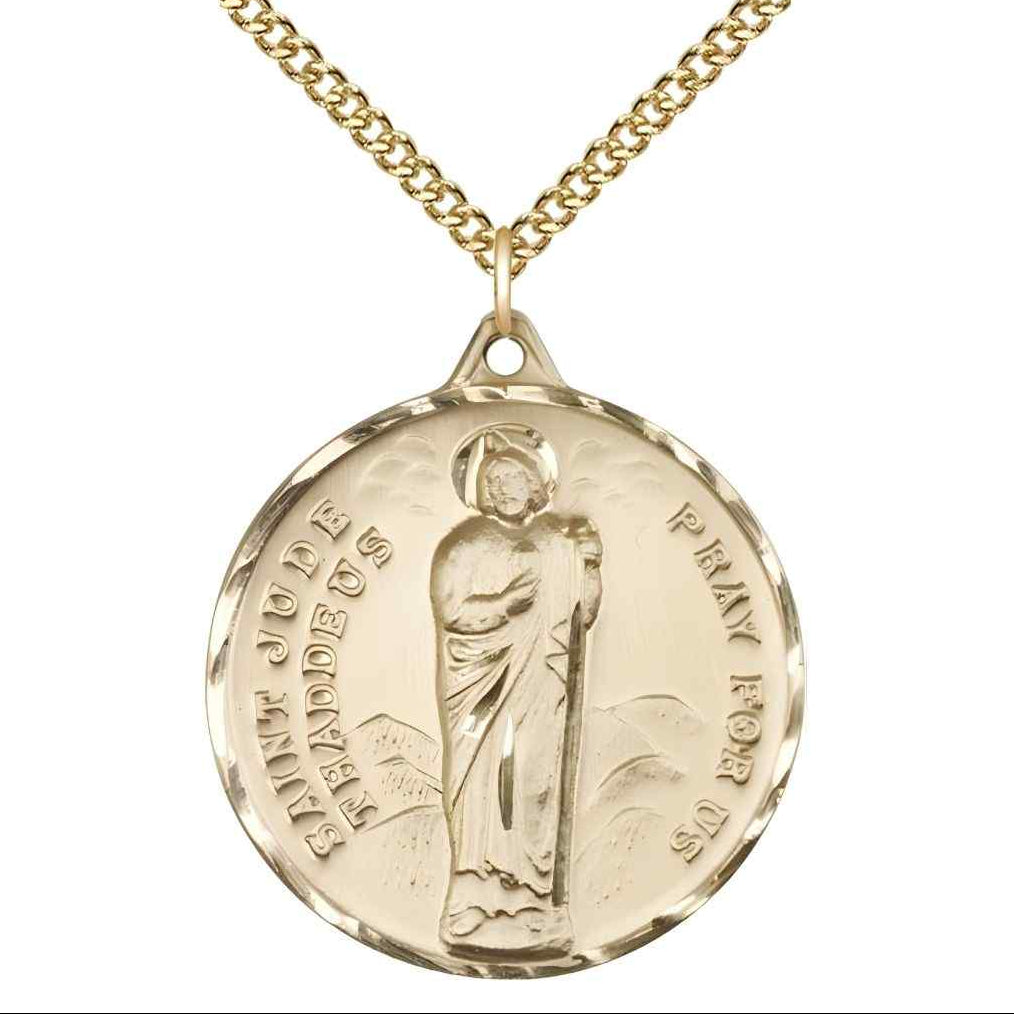 Large St. Jude Thaddeus 14kt Gold Pendant Necklace with 14kt Gold Chain, Measures 1 3/8-inch tall by 1 1/8-inch wide.