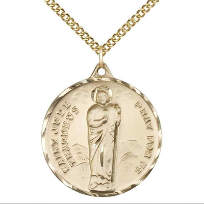 Large St. Jude Thaddeus 14kt Gold Pendant Necklace with 14kt Gold Chain, Measures 1 3/8-inch tall by 1 1/8-inch wide.