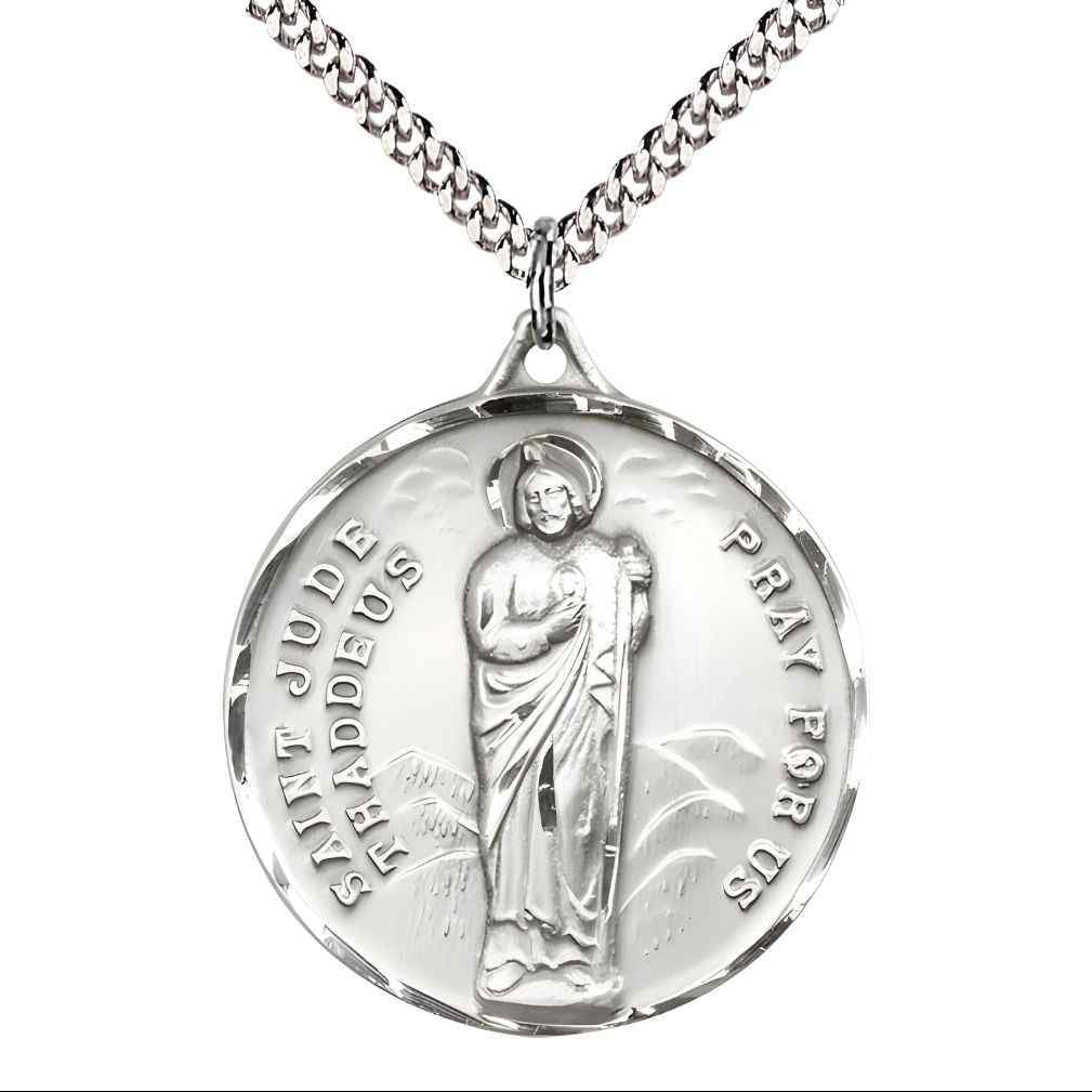 Large St. Jude Thaddeus Pewter Pendant Necklace with Rhodium-plated Chain, Measures 1 3/8-inch tall by 1 1/8-inch wide.