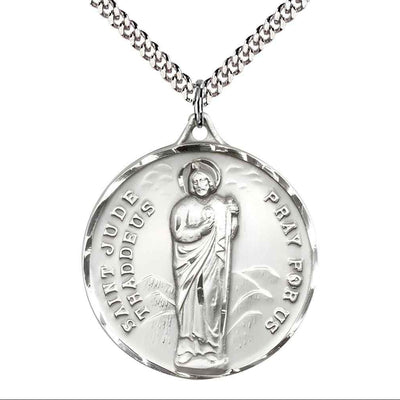 Large St. Jude Thaddeus Pewter Pendant Necklace with Rhodium-plated Chain, Measures 1 3/8-inch tall by 1 1/8-inch wide.