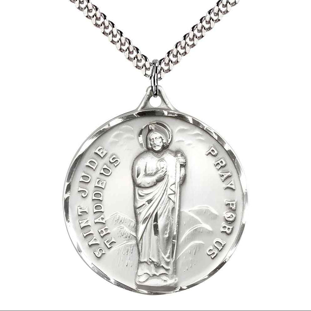 Large St. Jude Thaddeus Sterling Silver Pendant Necklace with Rhodium-plated Chain, Measures 1 3/8-inch tall by 1 1/8-inch wide.