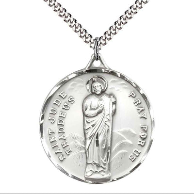 Large St. Jude Thaddeus Sterling Silver Pendant Necklace with Rhodium-plated Chain, Measures 1 3/8-inch tall by 1 1/8-inch wide.
