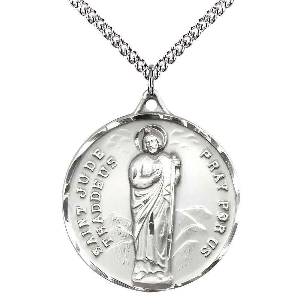 Large St. Jude Thaddeus Sterling Silver Pendant Necklace with sterling Silver Chain, Measures 1 3/8-inch tall by 1 1/8-inch wide.