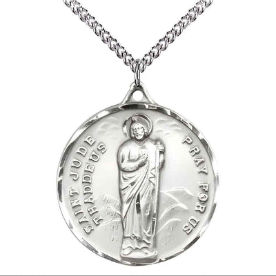 Large St. Jude Thaddeus Sterling Silver Pendant Necklace with sterling Silver Chain, Measures 1 3/8-inch tall by 1 1/8-inch wide.
