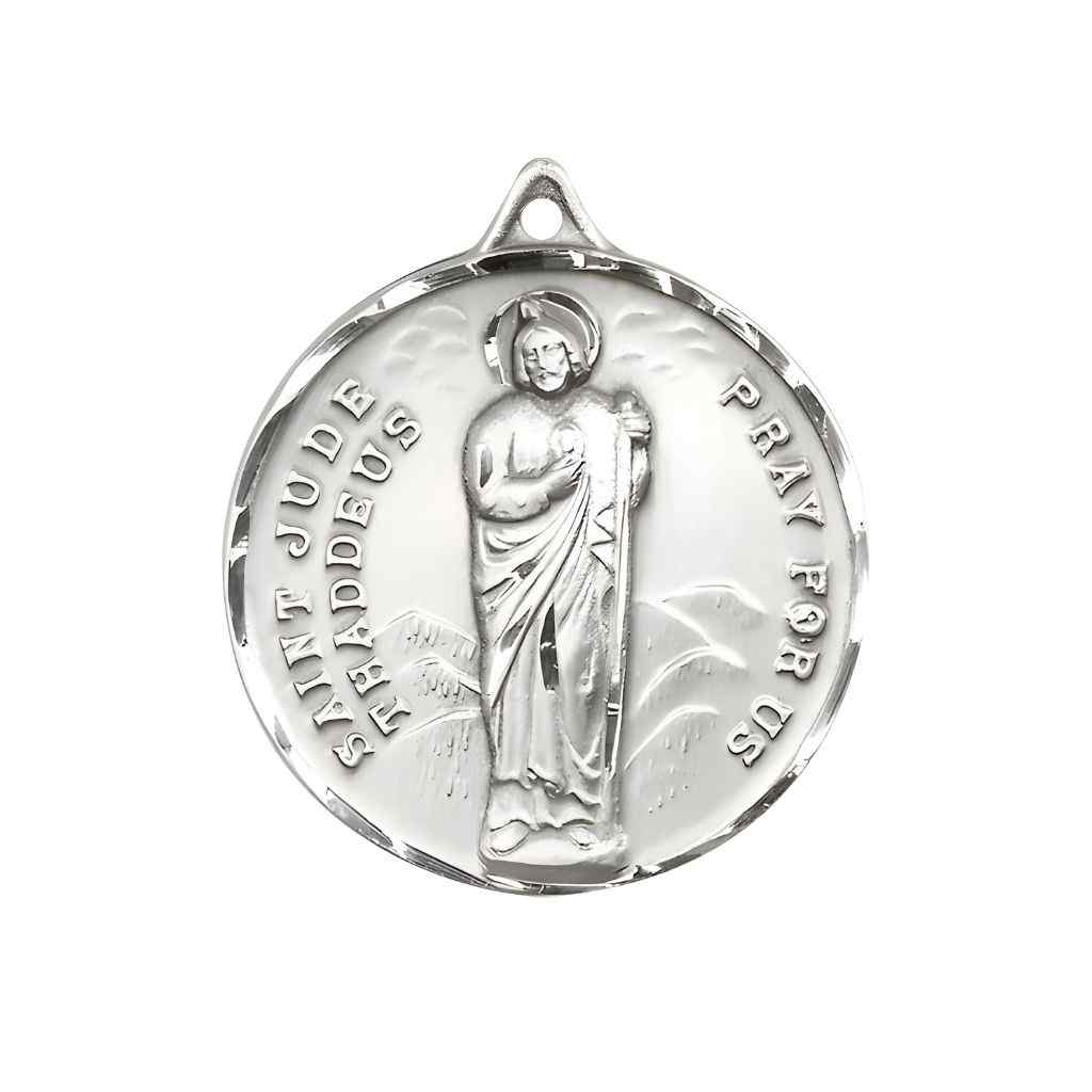 Large St. Jude Thaddeus Sterling Silver Pendant Medal, Measures 1 3/8-inch tall by 1 1/8-inch wide.