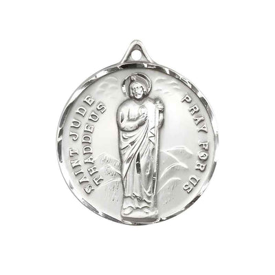 Large St. Jude Thaddeus Sterling Silver Pendant Medal, Measures 1 3/8-inch tall by 1 1/8-inch wide.