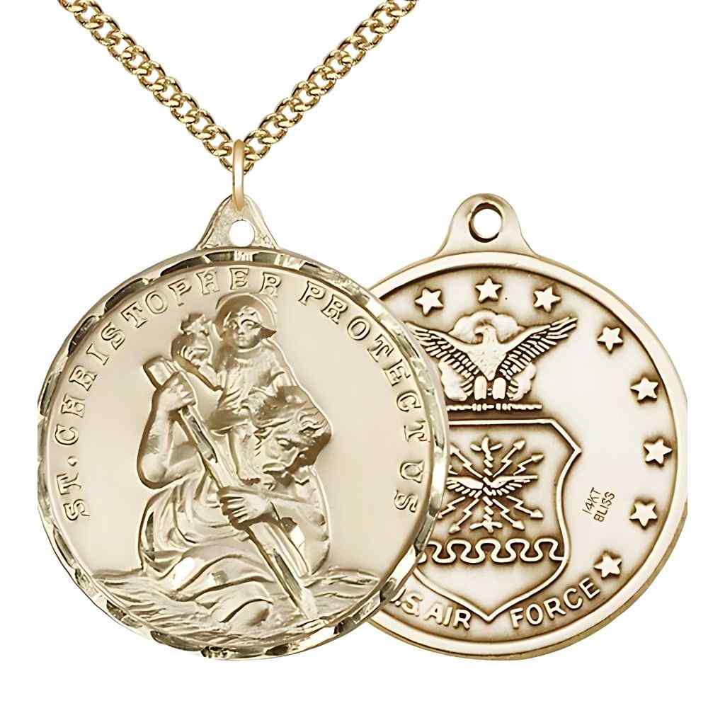 Large St. Christopher | Air Force 14kt Gold Round Pendant Necklace with 14kt Gold Chain, Measures 1 3/8-inch tall by 1 1/8-inch wide.