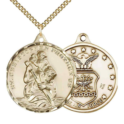 Large St. Christopher | Air Force 14kt Gold Round Pendant Necklace with 14kt Gold Chain, Measures 1 3/8-inch tall by 1 1/8-inch wide.