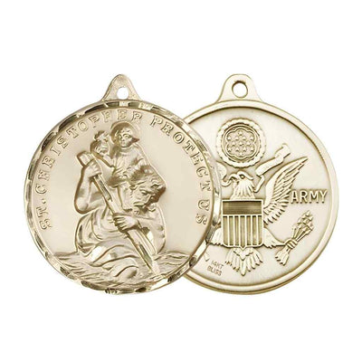 Large St. Christopher | Army 14kt Gold Round Pendant and Measures 1 3/8-inch tall by 1 1/8-inch wide.