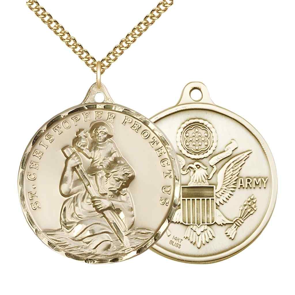 Large St. Christopher | Army 14kt Gold Round Pendant Necklace with 14kt Gold Chain, Measures 1 3/8-inch tall by 1 1/8-inch wide.