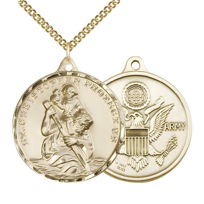 Large St. Christopher | Army 14kt Gold Round Pendant Necklace with 14kt Gold Chain, Measures 1 3/8-inch tall by 1 1/8-inch wide.