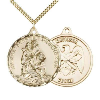 Large St. Christopher | National Guard 14kt Gold Round Pendant Necklace with 14kt Gold Chain, Measures 1 3/8-inch tall by 1 1/8-inch wide.