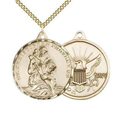 Large St. Christopher | Navy 14kt Gold Round Pendant Necklace with 14kt Gold Chain, Measures 1 3/8-inch tall by 1 1/8-inch wide.