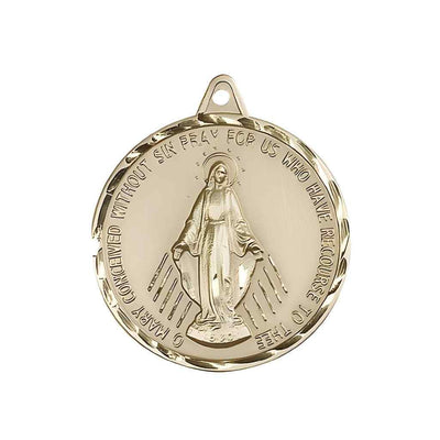 Large Miraculous Medal 14kt Gold-filled Round Pendant and Measures 1 3/8-inch tall by 1 1/8-inch wide.
