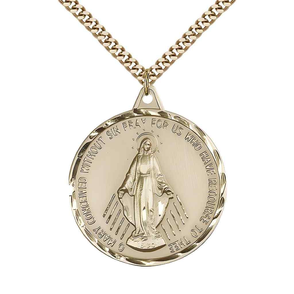 Large Miraculous Medal 14kt Gold-filled Round Pendant Necklace with Gold-plated Chain, Measures 1 3/8-inch tall by 1 1/8-inch wide.