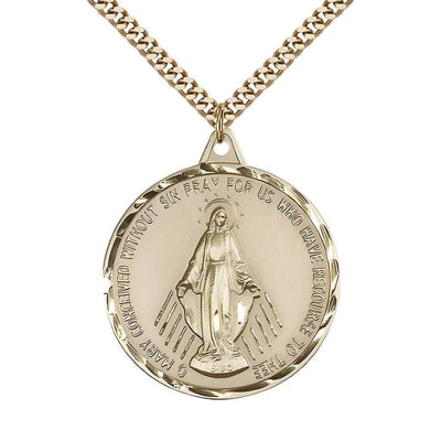 Large Miraculous Medal 14kt Gold-filled Round Pendant Necklace with Gold-plated Chain, Measures 1 3/8-inch tall by 1 1/8-inch wide.