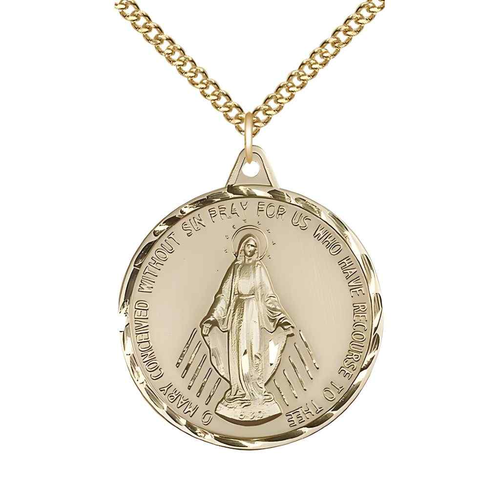 Large Miraculous Medal 14kt Gold-filled Round Pendant Necklace with Gold-filled Chain, Measures 1 3/8-inch tall by 1 1/8-inch wide.