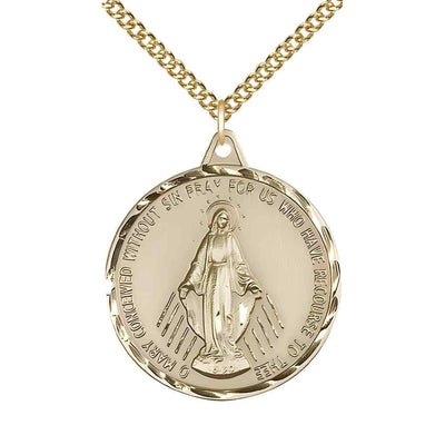Large Miraculous Medal 14kt Gold Round Pendant Necklace with 14kt Gold Chain, Measures 1 3/8-inch tall by 1 1/8-inch wide.