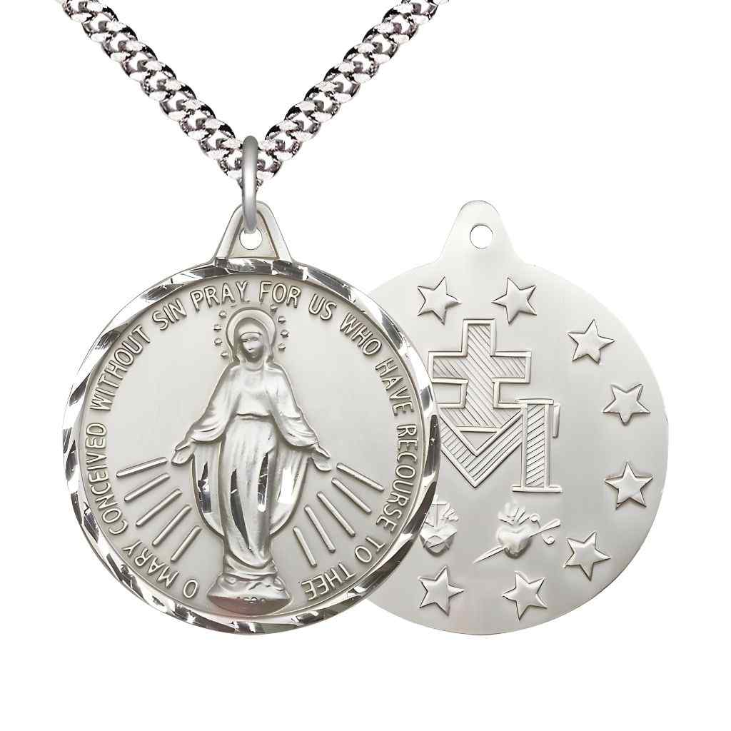 Large Miraculous Medal Pewter Round Pendant Necklace with Rhodium-plated Chain, Measures 1 3/8-inch tall by 1 1/8-inch wide.